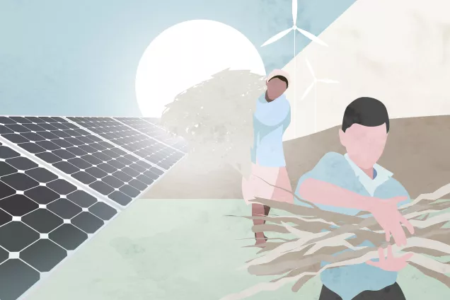 Illustration of people on a solar field for LUCSUS energy theme. Illustration: Catrin Jakobsson.