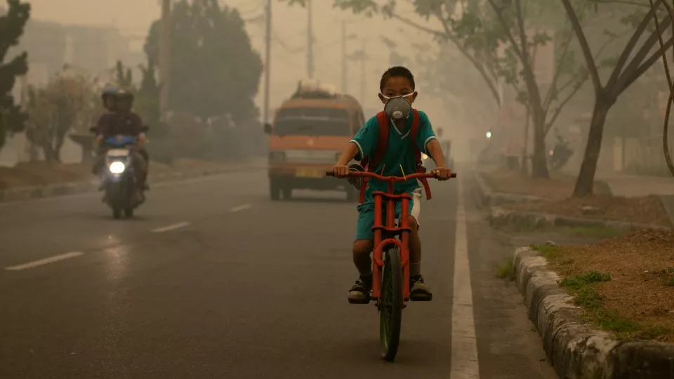 Boy cycling to school through smog in Indonesia. Photo.
