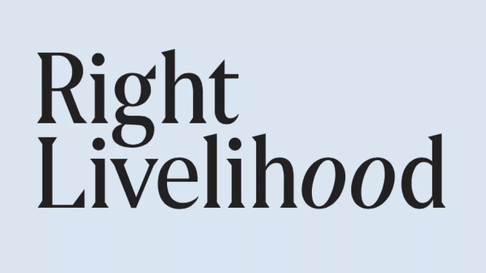 Image with text saying Right Livelihood, logo. Image.