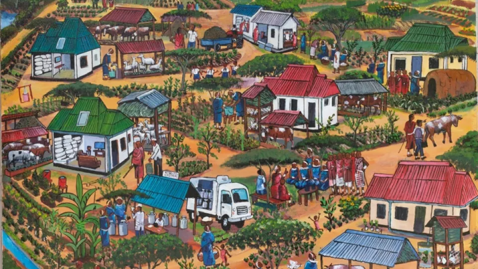 A painting with houses. One of the three paintings of agroecological futures, this one representing future pastoralism. Mvomero District, Morogoro Region, March 2022. Painting. 