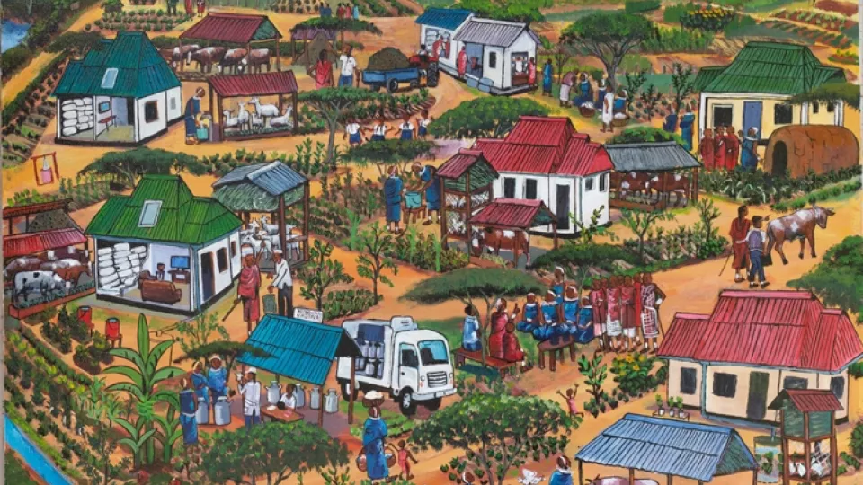 A painting with houses. One of the three paintings of agroecological futures, this one representing future pastoralism. Mvomero District, Morogoro Region, March 2022. Painting. 