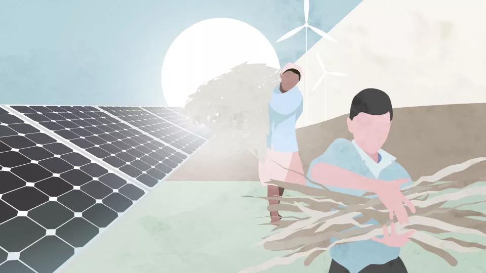 Illustration of people on a solar field for LUCSUS energy theme. Illustration: Catrin Jakobsson.