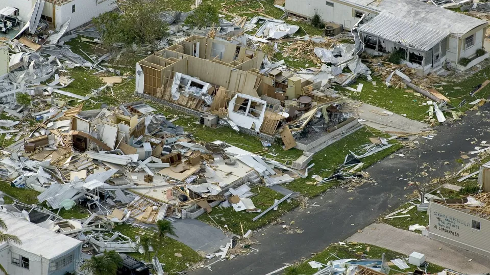 A housing area destroyed by a hurricane. Photo.