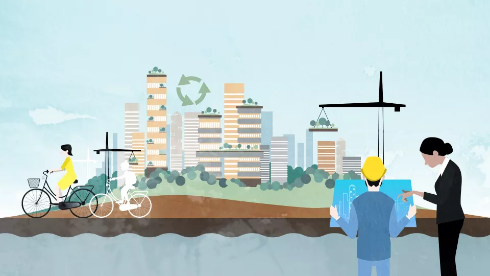 Illustration of an urban cityscape. Illustration: Catrin Jakobsson.