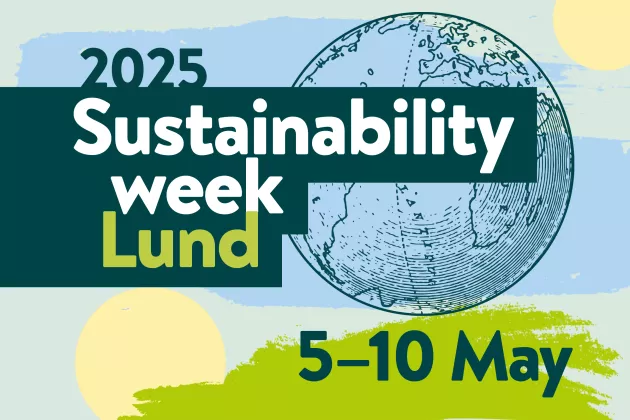 Sustainability Week webb.jpg Text that says 2025 Sustainability Week Lund 5-10 May, on a blue and green background. Graphic design image.