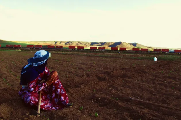 woman sitting on a field. Photo.