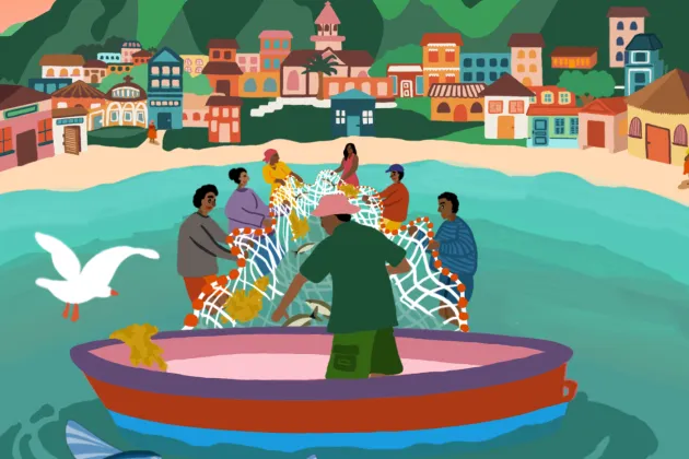 Illustration of fishers in Martinique. Cover art Nicola Parfitt.