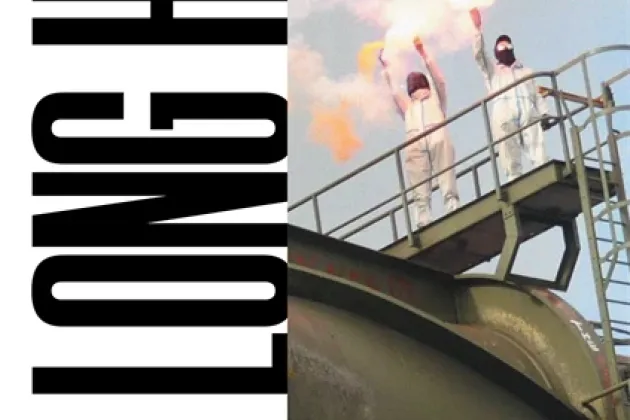 A book cover with the text "The long heat" and an image of thwo people holding flares.