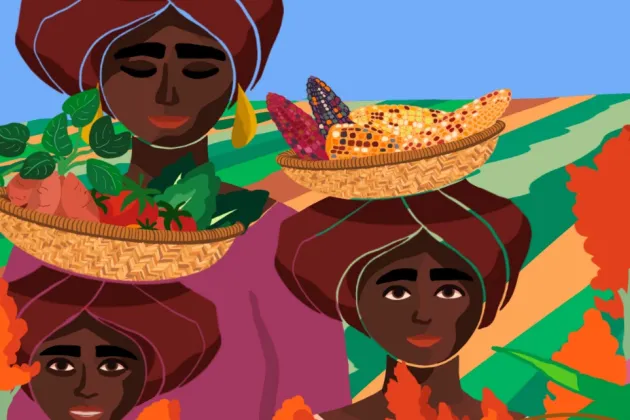 An illustration of three persons farming and carrying food goods.