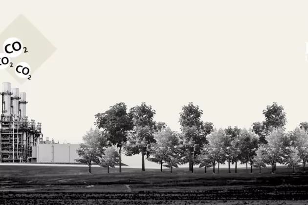 Illustration of negative emissions with trees and a factory. 