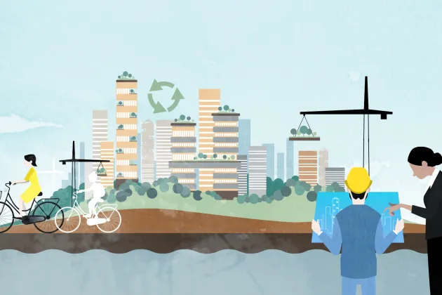 Illustration of an urban cityscape. Illustration: Catrin Jakobsson.