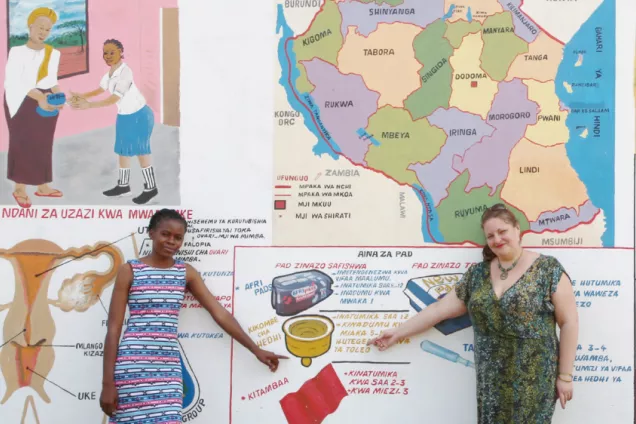 Resarcher Sara Gabrielsson and colleague in front of a mural in Tanzania. Photo. 