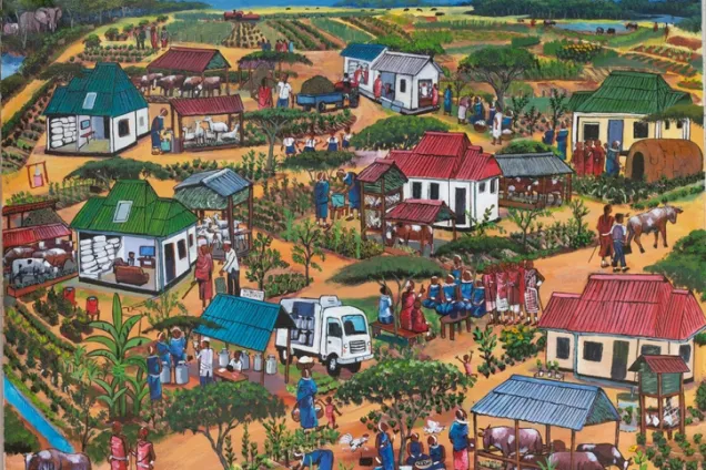 A painting with houses. One of the three paintings of agroecological futures, this one representing future pastoralism. Mvomero District, Morogoro Region, March 2022. Painting. 