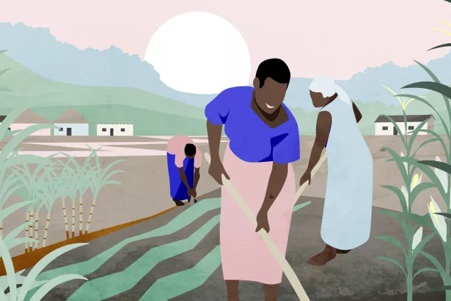 Woman in a field in Africa for LUCSUS land use theme. Illustration: Catrin Jakobsson.