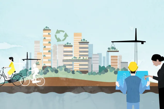 Illustration of an urban cityscape. Illustration: Catrin Jakobsson.