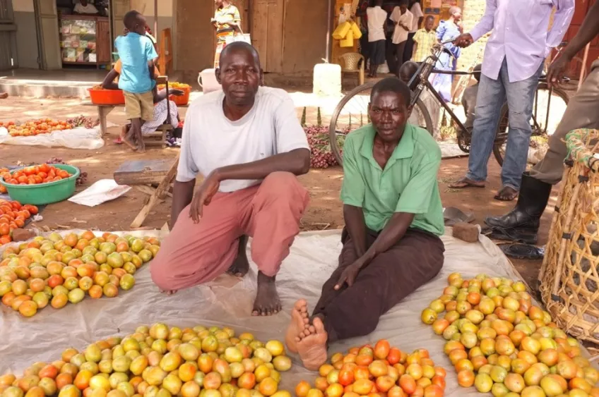 Farmers selling tomatos at the market. Photo.
