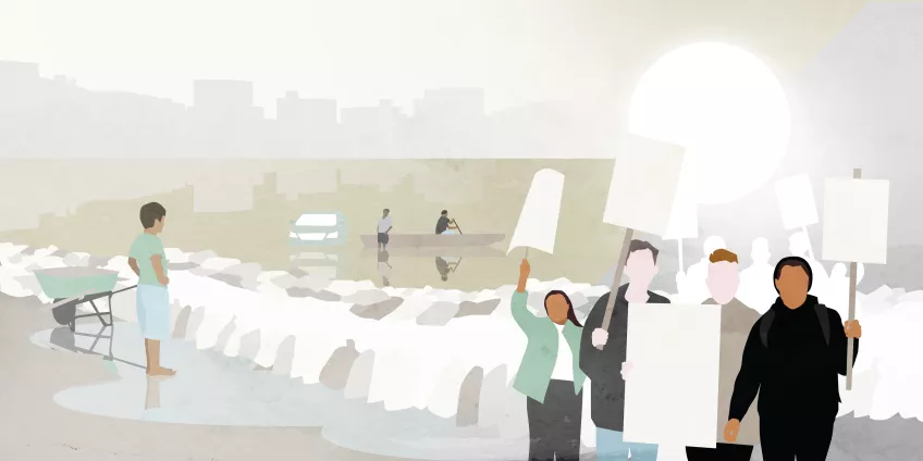 Illustration of climate demonstrations for LUCSUS climate theme. Illustration: Catrin Jakobsson.